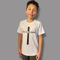 "He is Risen" on Cross kids Christian T-shirt in Black or White