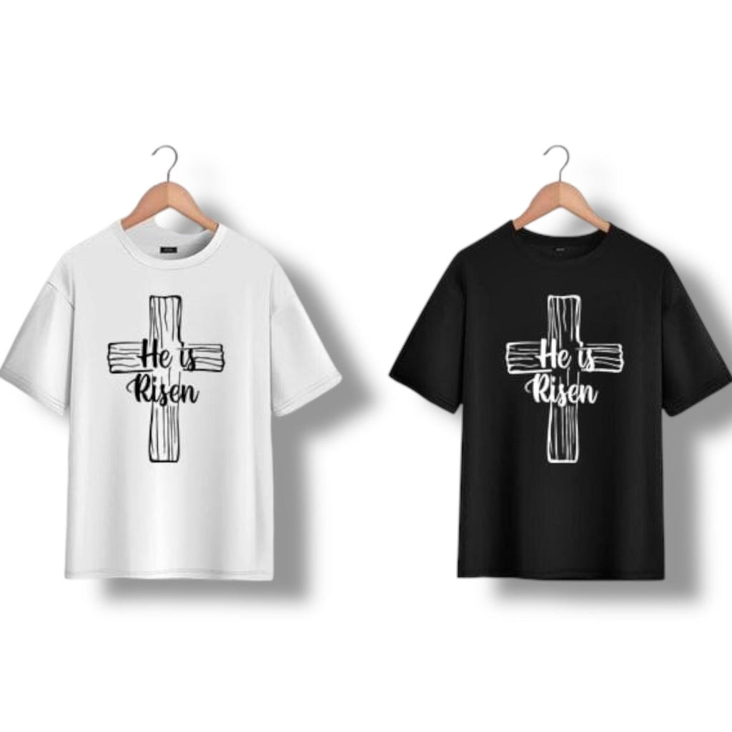 "He is Risen" on Wooden Cross kids Christian Tshirt in Black or White