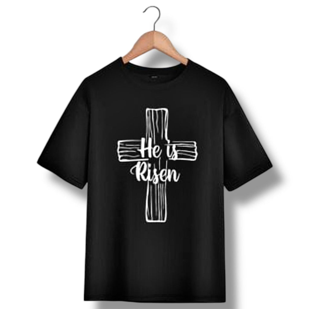 "He is Risen" on Wooden Cross kids Christian Tshirt in Black or White