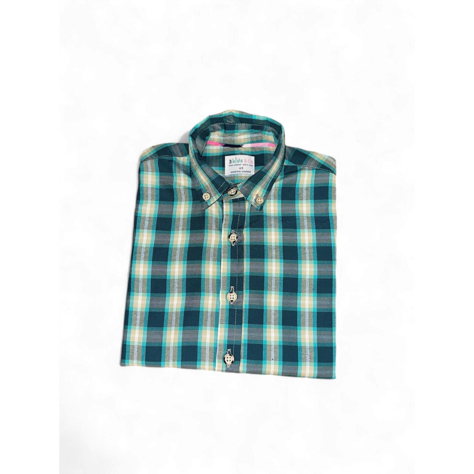 Boys' Short Sleeve Button Down Green Madras Plaid