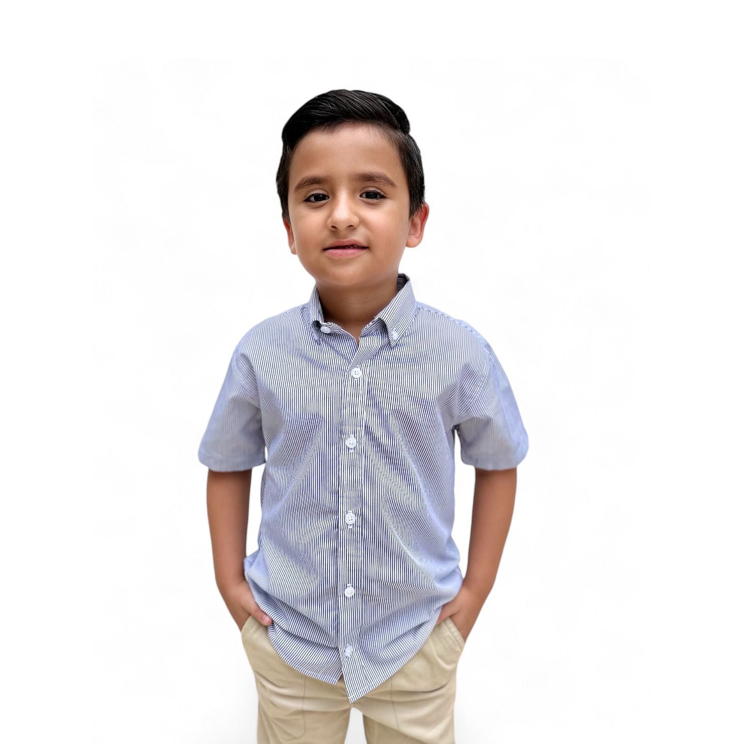 BOYS' BUTTON DOWN NAVY PIN STRIPE SHORT SLEEVE