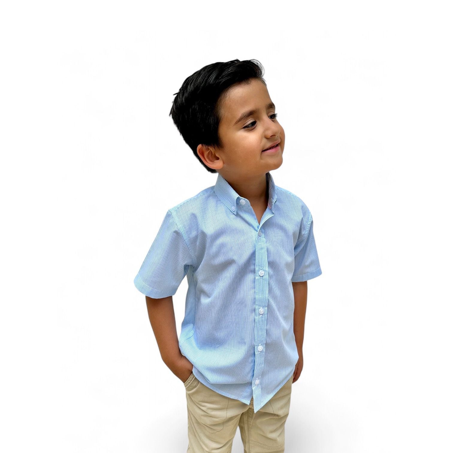 BOYS' BUTTON DOWN LIGHT BLUE PIN STRIPE SHORT SLEEVE