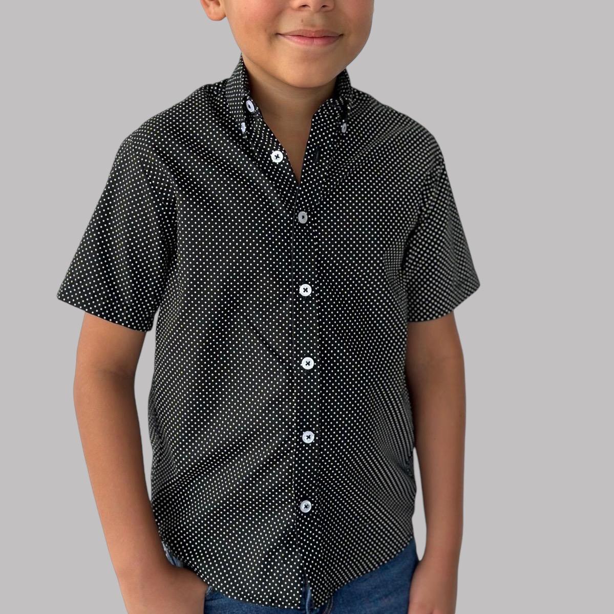 Boys' Short Sleeve Button Down Black Polka Dot Print Short Sleeve
