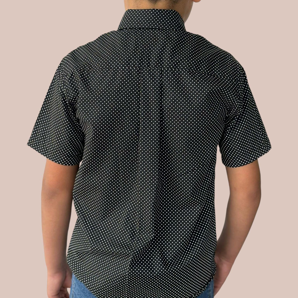 Boys' Short Sleeve Button Down Black Polka Dot Print Short Sleeve