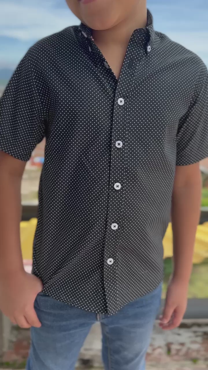 Boys' Short Sleeve Button Down Black Polka Dot Print Short Sleeve